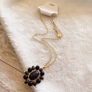 Liz Claiborne Beaded Pendant Necklace Gold Tone Black Oval New